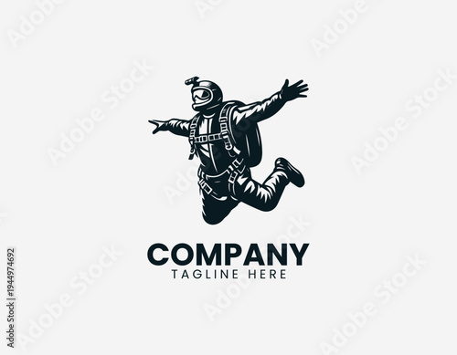 Skydiver in freefall pose black vector logo illustration isolated on white background