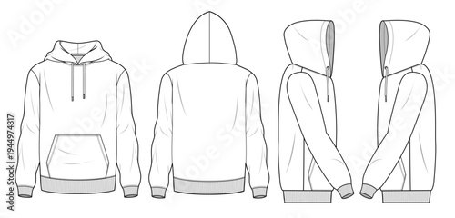 Basic hoodie front, back and side view technical flat drawing vector mockup template.