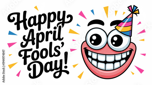 Happy april fools' day cartoon face with party hat and colorful confetti on white background
