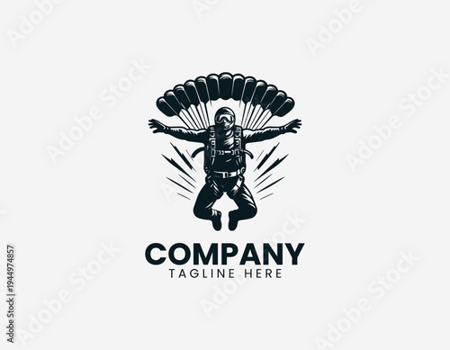 Skydiver in freefall pose black vector logo illustration isolated on white background
