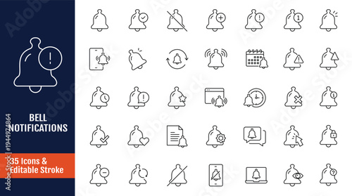bell notification icon set. Symbol of alarm. Notification message. Call and notification for smartphone. Outline icon with Editable stroke. Vector illustration