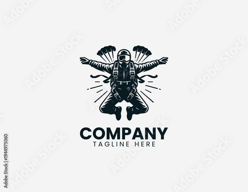 Skydiver in freefall pose black vector logo illustration isolated on white background