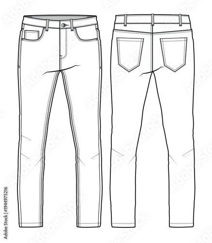 Man denim pant vector mockup template technical technical line drawing.