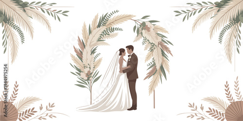 Bride and groom embracing under floral archway wedding ceremony pampas grass boho style elegant attire