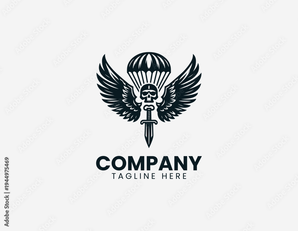 Obraz premium Skull with parachute canopy and beret in clean modern airborne military vector illustration style