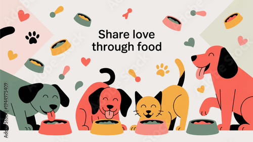 Colorful dogs eating from bowls with food and hearts around them