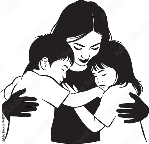 Loving mother embracing her son and daughter tightly in a warm hug, expressing unconditional love and family togetherness in a silhouette.