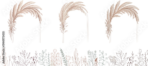 Boho pampas grass wedding arch elements with decorative dried floral borders for elegant bridal event invitations