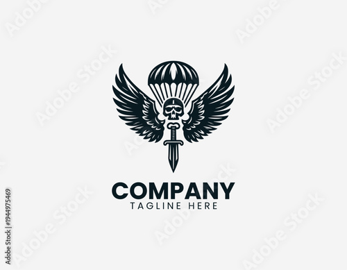 Skull with parachute canopy and beret in clean modern airborne military vector illustration style