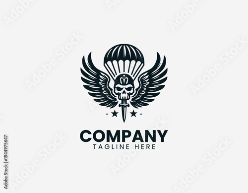 Skull with parachute canopy and beret in clean modern airborne military vector illustration style