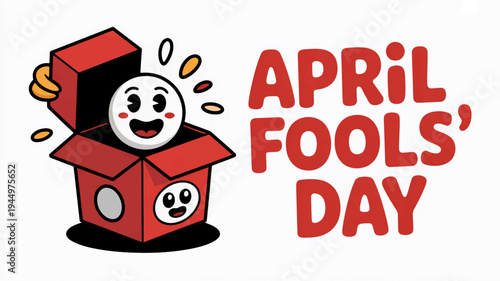 Smiling cartoon face emerges from red april fools' day pop up box with joyful expression and confetti