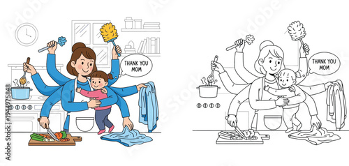 Multitasking mom cooking and cleaning with her child, full color and black and white line art coloring page for kids. Vector illustration of super mom and family life.