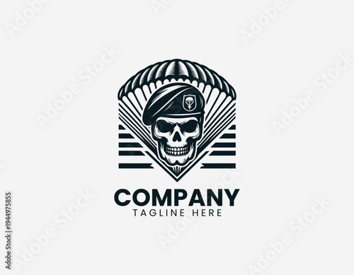 Skull with parachute wings and banner in clean modern airborne military vector illustration style