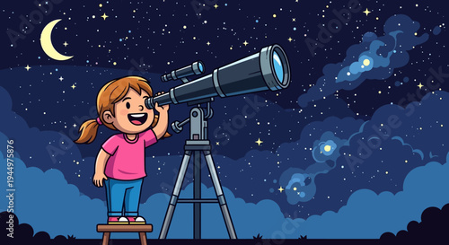 Curious girl with telescope explores starry night sky, observing constellations, nebulae, and the moon, an illustration of scientific discovery and wonder