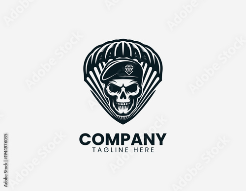 Skull with parachute wings and banner in clean modern airborne military vector illustration style