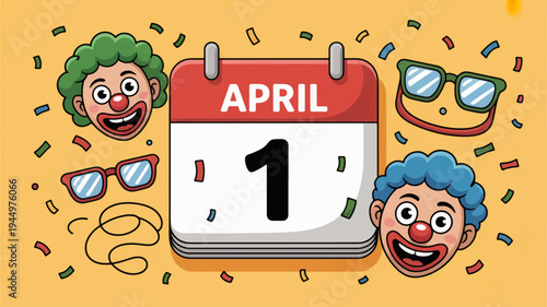 April fools' day cartoon clowns calendar page with colorful confetti and glasses on yellow background