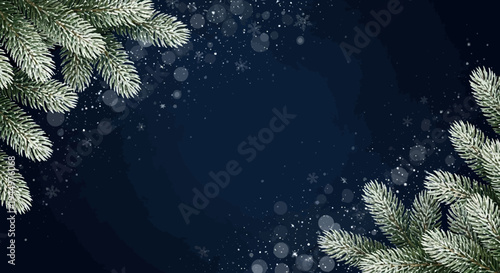 Elegant Winter Holiday Background with Frosted Fir Branches, Sparkling Snow, and Bokeh Lights on a Deep Blue Backdrop, Perfect for Festive Seasonal Greetings and Celebrations