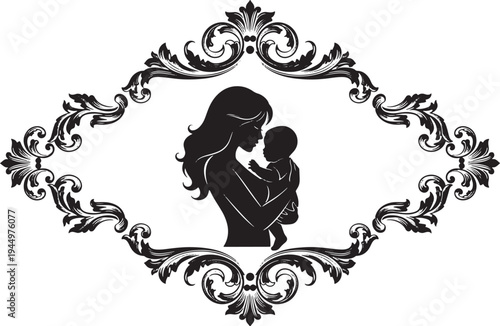Classic silhouette of a mother embracing her infant, framed by ornate baroque scrollwork, representing timeless love and heritage.