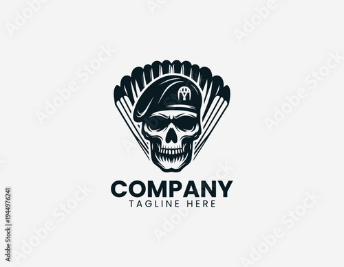 Skull with parachute wings and banner in clean modern airborne military vector illustration style