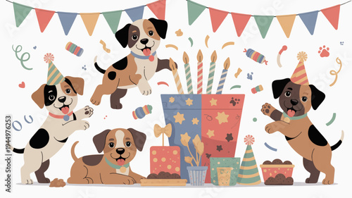 Happy dogs celebrate birthday with colorful party hats and gifts