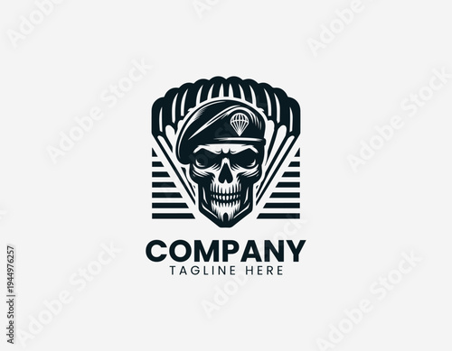 Skull with parachute wings and banner in clean modern airborne military vector illustration style