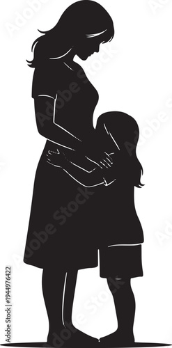 Silhouette of a mother standing and hugging her young daughter, representing family love, protection, and childhood memories.