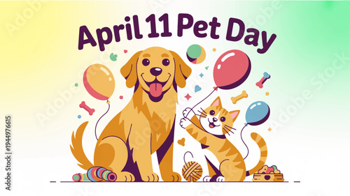 Happy pet day dog and cat celebrating april 11 with balloons and confetti cute animals friends