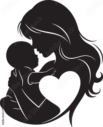 Iconic silhouette of a mother holding her baby with a heart shape integrated into the design, representing profound love and family connection.