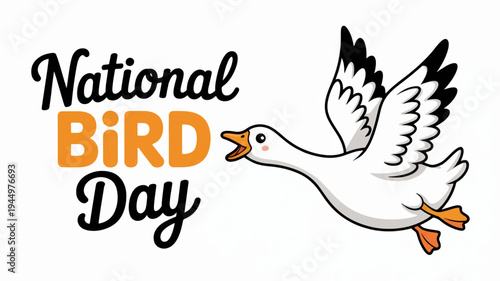 National bird day illustration with flying white goose and festive text on white background