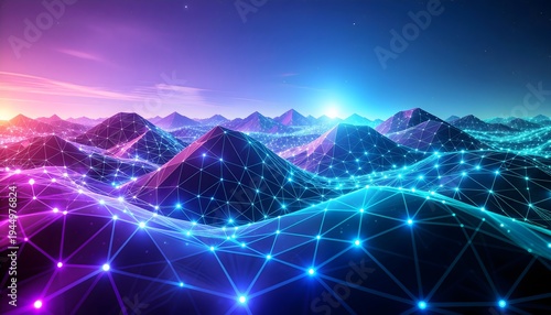 Vibrant futuristic polygon landscape with connected digital network grid and glowing nodes.