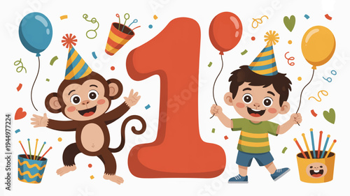 Happy children celebrating first birthday with balloons and party hats