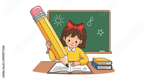 A Young Girl Joyfully Engages in Learning and Creativity with a Giant Pencil, Surrounded by Educational Elements