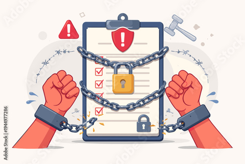 Struggling Hands Breaking Shackles from Strict Regulations Policy Clipboard with Chains and Padlock, Justice and Freedom Concept Flat Vector Illustration for Legal and Human Rights Issues