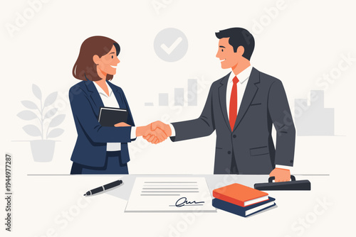 Business partnership concept with a man and woman in suits shaking hands over a signed document, books, and pen, symbolizing a successful deal, agreement, and corporate collaboration.