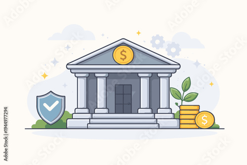Flat vector illustration of a classic bank building with columns, dollar sign icon, security shield, and growing plant. Concept for financial stability, investment growth, and banking services.