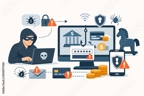 Hacker Attacking Online Banking System for Data Theft and Financial Fraud, Cybercrime Concept with Phishing, Malware, Trojan Horse, and Security Alerts, Flat Vector Illustration.