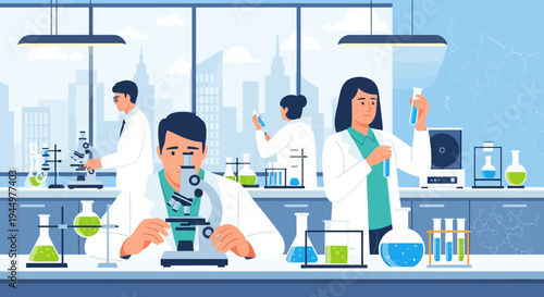 Scientists working in a modern laboratory with advanced equipment, conducting experiments and research for medical discoveries and technological advancements in a clean and bright environment