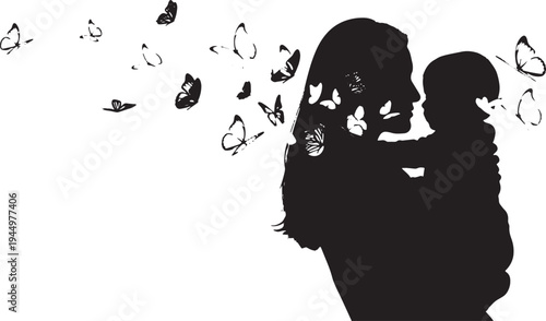 Elegant Black Silhouette of Mother Holding Baby with Swirling Butterflies, Symbolizing Maternal Love, New Life, and Freedom