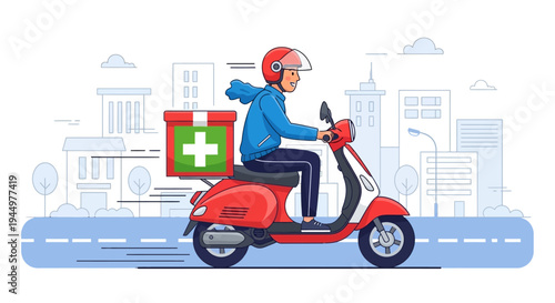 Medical delivery service in the city with a rider on a scooter delivering essential healthcare supplies quickly and efficiently through urban streets