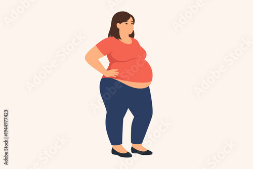 Flat Vector Illustration of an Overweight Woman with a Large Belly and Curvy Body, Wearing a Red T-Shirt and Blue Pants, Representing Obesity, Weight Gain, Health Issues, and Body Positivity.
