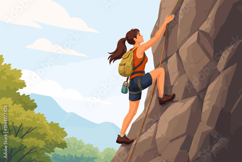 Vector illustration of a brave woman rock climbing up a steep mountain cliff under a clear blue sky, showcasing determination, strength, and outdoor adventure in a simple flat design style.