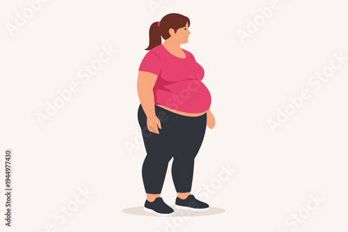 Vector Illustration of an Overweight Woman with a Large Belly Wearing a Pink T-Shirt and Black Leggings. Flat Design Plus Size Female Character Standing Profile View, Representing Obesity Health