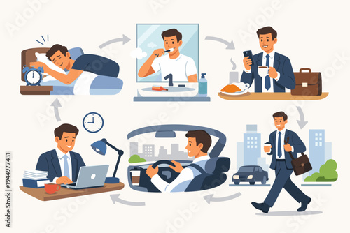 Businessman Daily Morning Routine Cycle Flat Vector Illustration Showing Waking Up, Brushing Teeth, Having Breakfast, Commuting to Work, Driving Car, and Working at Office Desk with Laptop.