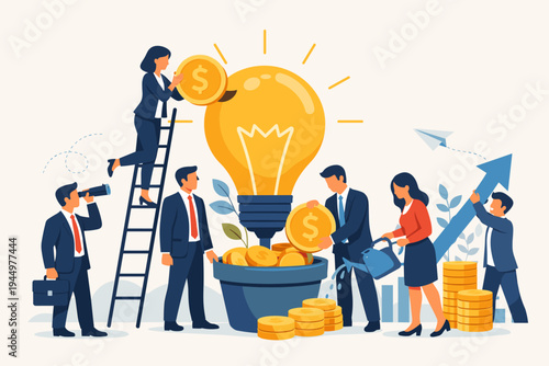 Business people investing money into a bright lightbulb idea growing in a pot. Teamwork for startup funding, financial growth, innovation, and creative business strategy. Flat vector illustration.