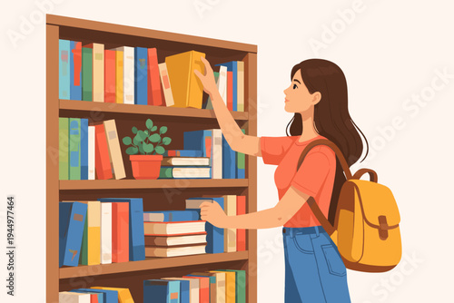 Flat Vector Illustration of a Young Female Student with a Backpack Picking a Book from a Wooden Bookshelf in a Library or Bookstore, Concept for Education, Learning, and Academic Research