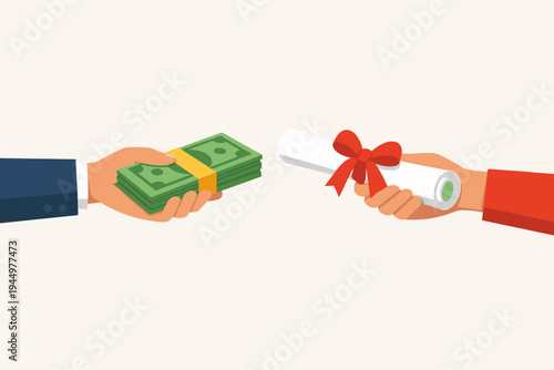 Vector Illustration of a Hand Offering a Stack of Cash Money in Exchange for a University Diploma or College Degree, Representing High Education Costs, Student Debt, Tuition Fees, or Corruption.
