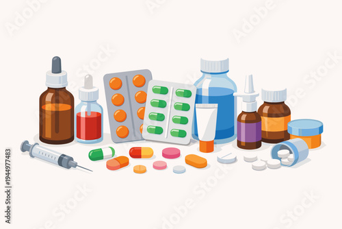 Flat Vector Illustration of Various Medical Supplies Including Pills, Capsules, Blister Packs, Glass Bottles with Liquid Medicine, Syringe, Ointment Tube, and Nasal Spray on White Background