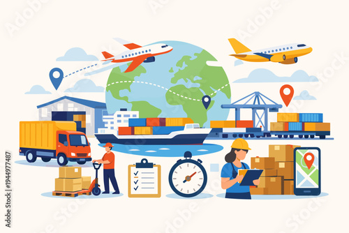 Global logistics and worldwide cargo shipping concept featuring transportation modes like plane, ship, truck, and train, with supply chain management, distribution, and warehouse operations.