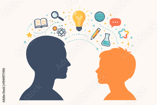 Adult and Child Head Silhouette Vector Illustration Representing Knowledge Sharing, Mentoring, and Education with Creative Icons like Lightbulb, Book, Atom, and Globe for Learning Concept.