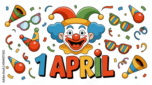 Colorful april fools' day illustration with clown face and party accessories